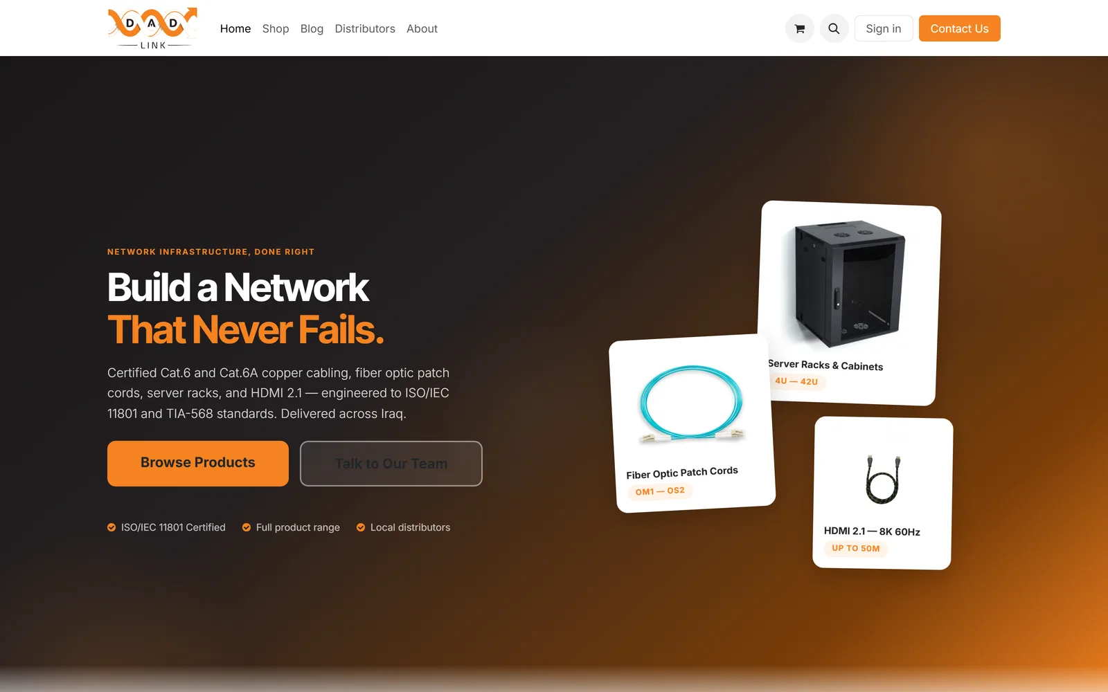 The DAD LINK storefront, headlined "Build a Network That Never Fails.", with product cards for fiber optic patch cords, a wall-mounted server rack and an HDMI 2.1 cable over an orange gradient.